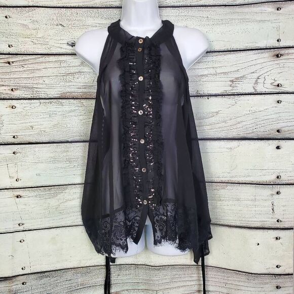 BKE Boutique Black Sheer Lace Trim High-Low Sleeveless Blouse – Size L - Picture 1 of 8
